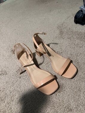 Stuart Weitzman Nude Patent Ankle-Strap Block Heel Sandals